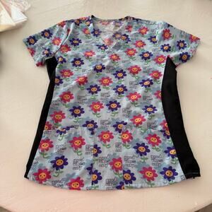 Positive vibes only Divine Stretch scrub top sz S colorful hippie nurse workwear